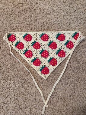 Handmade Crochet Strawberry Bandana Scarf - Cream, Pink & Green